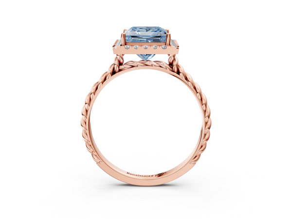 Rose gold Fancy Blue Princess  Halo Twisted Band Four-Prong Diamond Ring
