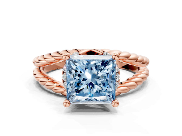 Rose gold Fancy Blue Princess  Halo Twisted Band Four-Prong Ring