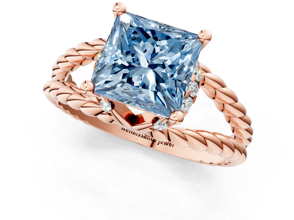 Rose gold Fancy Blue Princess  Halo Twisted Band Four-Prong Ring