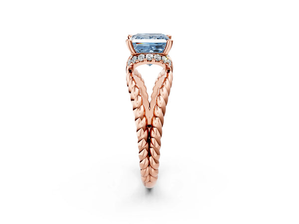 Rose gold Fancy Blue Princess  Halo Twisted Band Four-Prong Ring