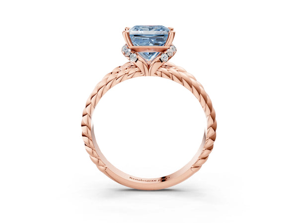 Rose gold Fancy Blue Princess  Halo Twisted Band Four-Prong Ring