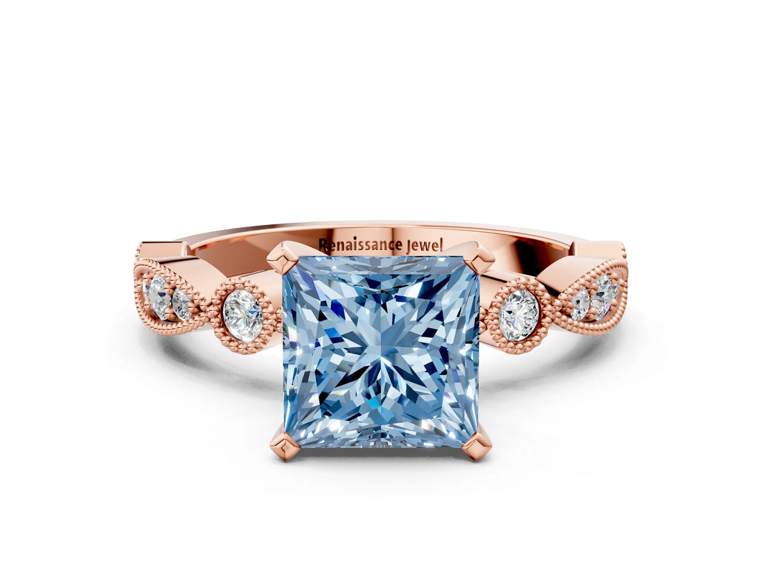 Rose gold Fancy Blue Princess  Milgrain Bezel Diamond Engagement Ring with Solitaire Prong Setting_155