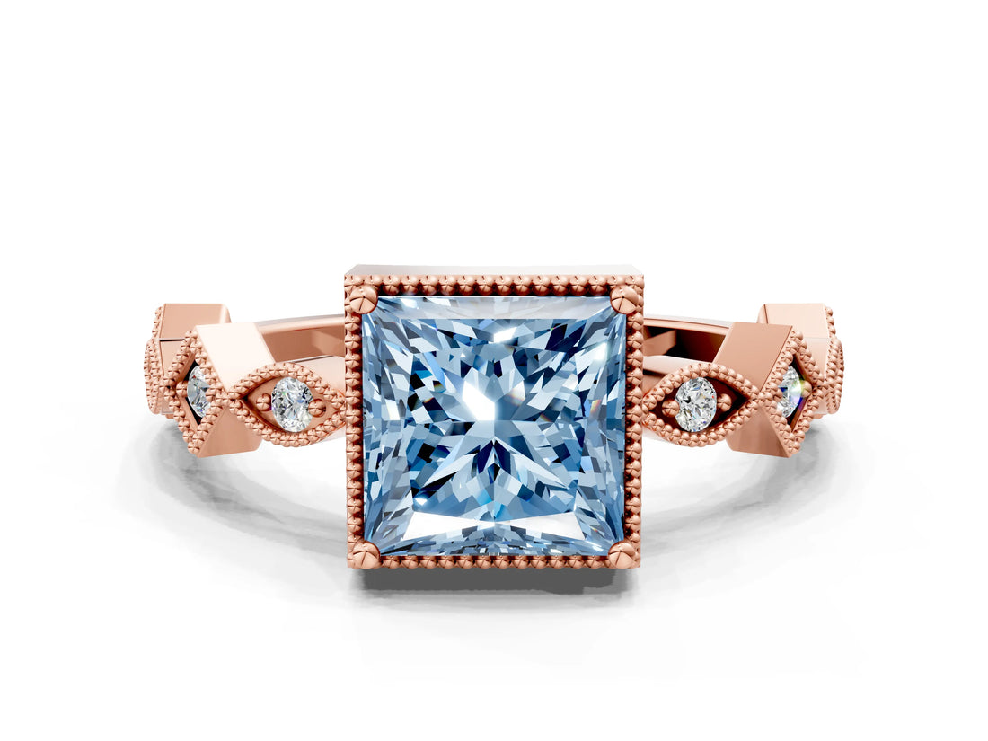 Rose gold Fancy Blue Princess  Milgrain Marquise Diamond Twist Band Ring_61