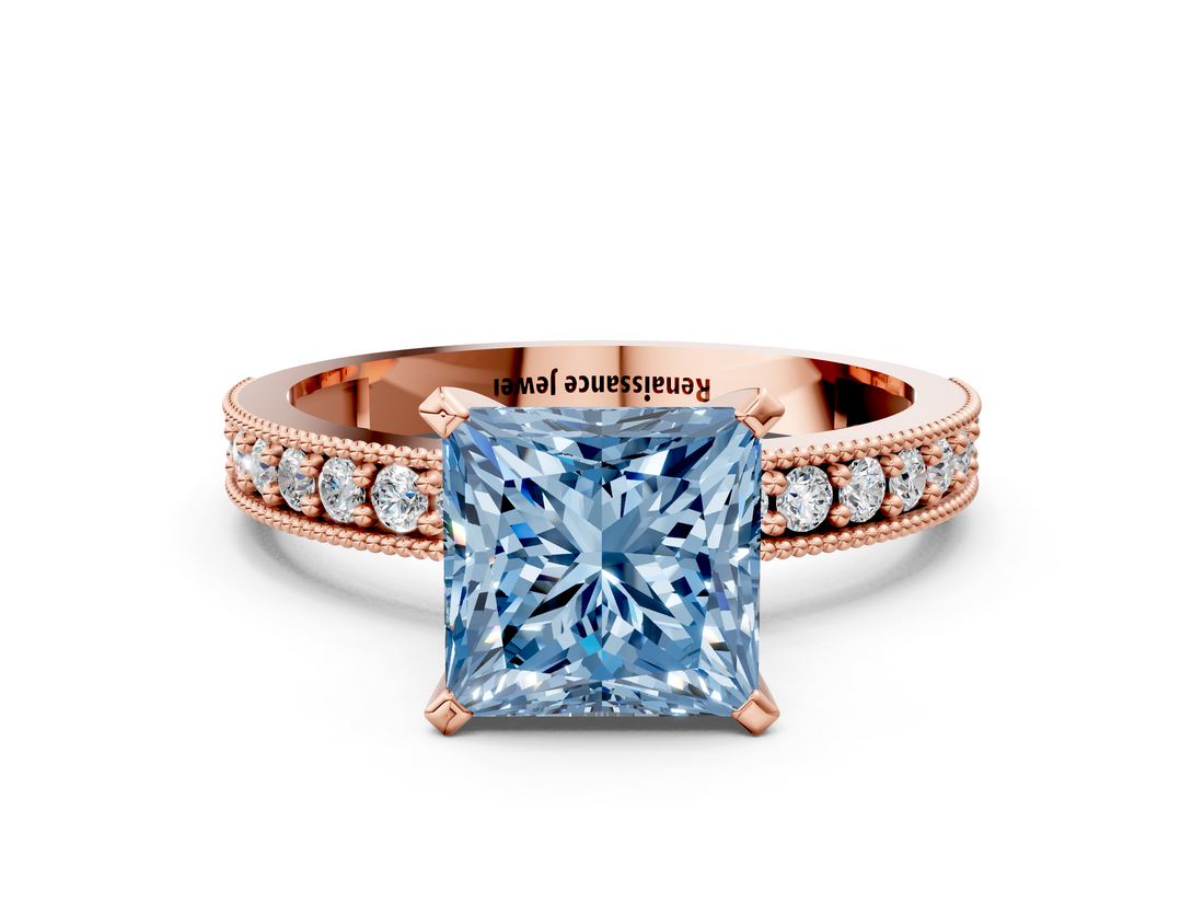 Rose gold Fancy Blue Princess  Milgrain Pave Diamond Engagement Ring with Four-Prong Setting_149