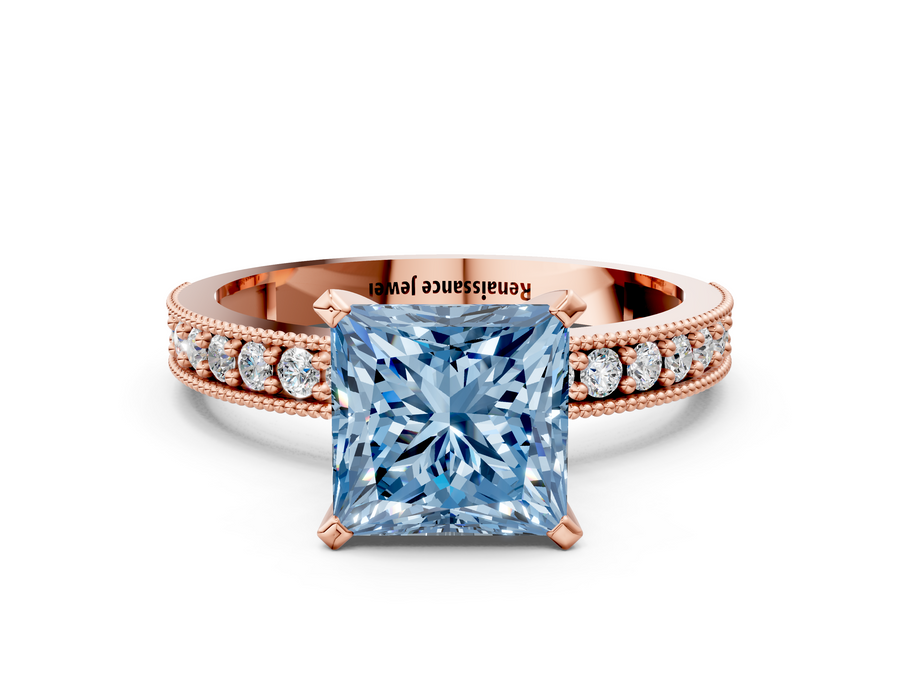 Rose gold Fancy Blue Princess Cut Diamond Milgrain Pavé Engagement Ring with Four-Prong Setting