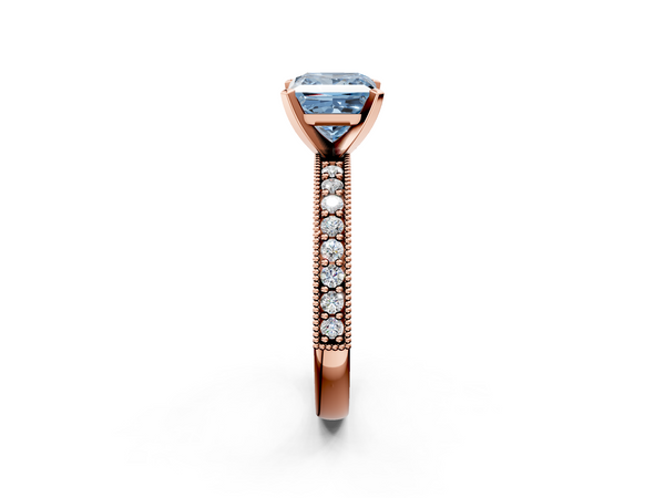 Rose gold Fancy Blue Princess Cut Diamond Milgrain Pavé Engagement Ring with Four-Prong Setting