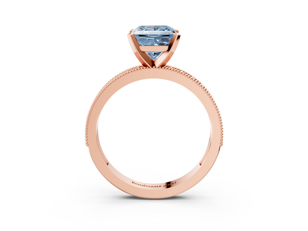 Rose gold Fancy Blue Princess Cut Diamond Milgrain Pavé Engagement Ring with Four-Prong Setting