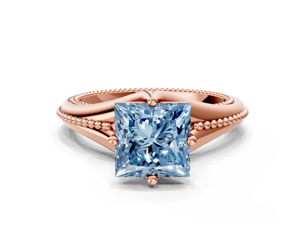 Rose gold Fancy Blue Princess  Solitaire Beaded Band Six-Prong Setting