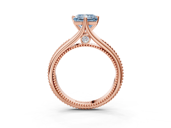Rose gold Fancy Blue Princess  Solitaire Beaded Band Six-Prong Setting