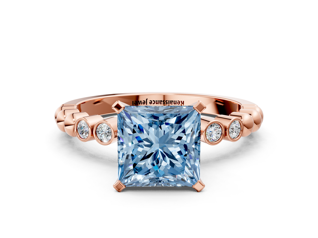 Rose gold Fancy Blue Princess  Solitaire Bezel Accent Diamond Engagement Ring with Beaded Band and Four-Prong Setting_44