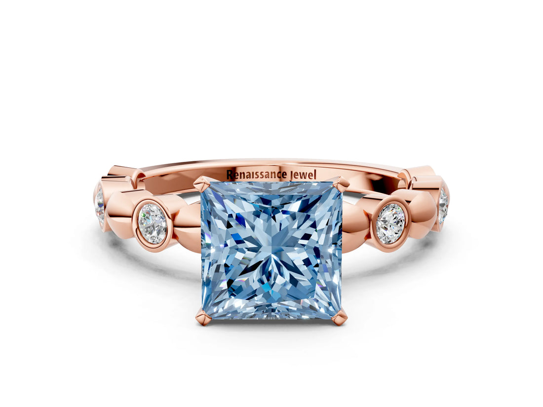 Rose gold Fancy Blue Princess  Solitaire Bezel-Set Diamond Ring with Beaded Band and Four-Prong Setting_32