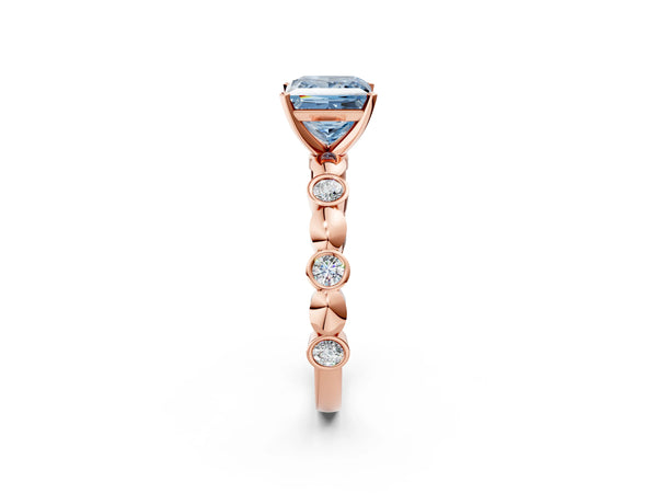 Rose Gold Princess Cut Engagement Ring Setting for Fancy Blue Center with Bezel Station Beaded Band