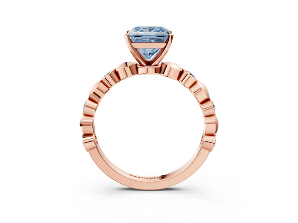 Rose Gold Princess Cut Engagement Ring Setting for Fancy Blue Center with Bezel Station Beaded Band