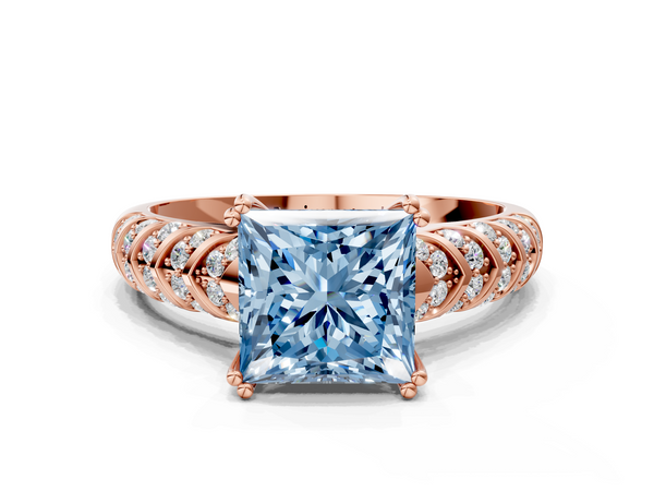 Rose gold Fancy Blue Princess  Solitaire Chevron Pave Diamond Engagement Ring with Six-Prong Setting