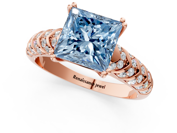 Rose gold Fancy Blue Princess  Solitaire Chevron Pave Diamond Engagement Ring with Six-Prong Setting