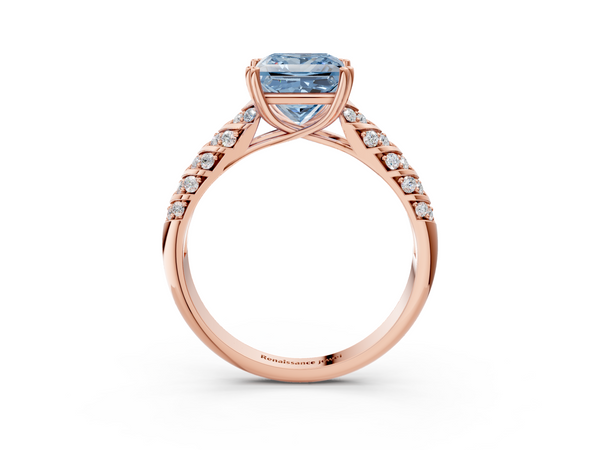 Rose gold Fancy Blue Princess  Solitaire Chevron Pave Diamond Engagement Ring with Six-Prong Setting