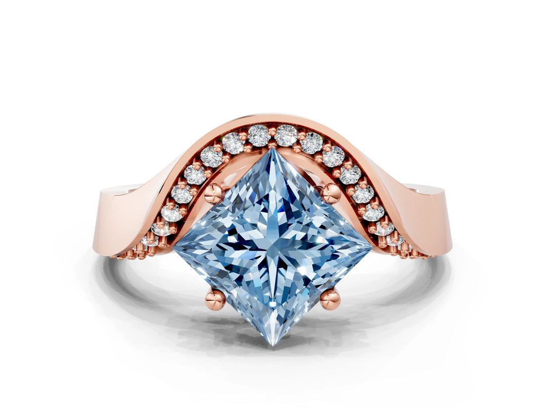 Rose gold Fancy Blue Princess  Solitaire Diamond Engagement Ring with Pave Band and Four-Prong Setting 1