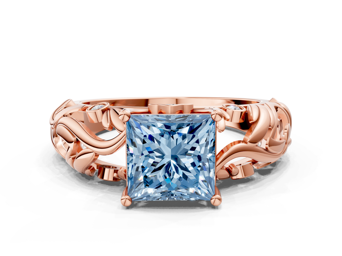Rose gold Fancy Blue Princess  Solitaire Diamond Leaf Vine Band with Prong Setting_28
