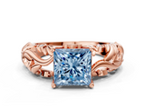 Rose gold Fancy Blue Princess  Solitaire Diamond Leaf Vine Band with Prong Setting_28
