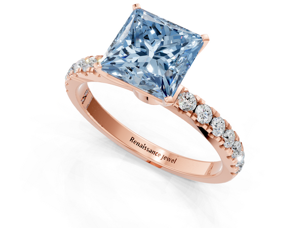Rose gold Fancy Blue Princess Cut Diamond Solitaire Ring with Pavé Accents and Four-Prong Setting