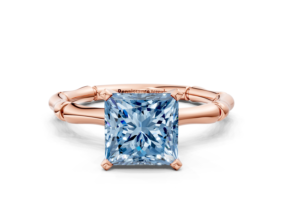 Rose gold Fancy Blue Princess  Solitaire Diamond Ring with Bamboo Band and Four-Prong Setting_36