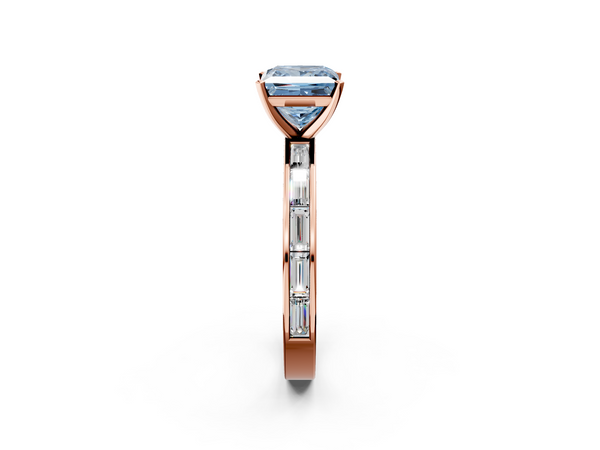 Rose gold Fancy Blue Princess  Solitaire Diamond Ring with Channel-Set Baguette Band and Four-Prong Setting