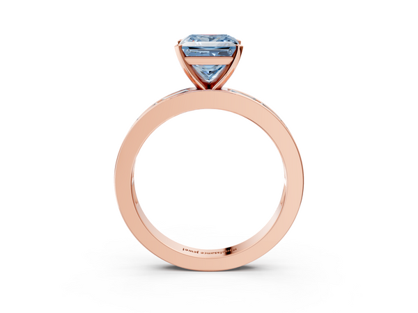 Rose gold Fancy Blue Princess  Solitaire Diamond Ring with Channel-Set Baguette Band and Four-Prong Setting