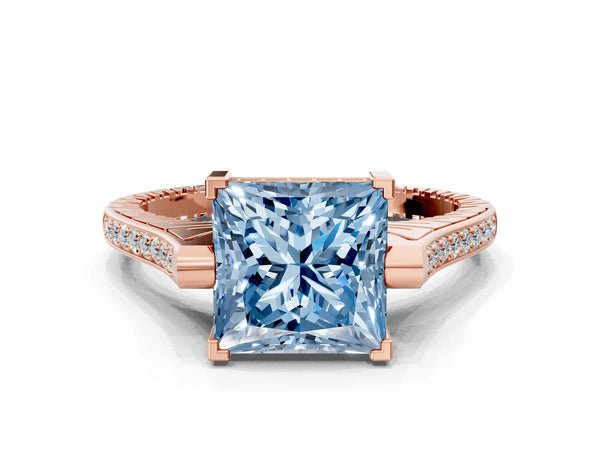 Rose gold Fancy Blue Princess  Solitaire Diamond Ring with Channel Set Band and Bezel Prong Setting