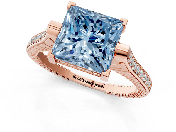 Rose gold Fancy Blue Princess  Solitaire Diamond Ring with Channel Set Band and Bezel Prong Setting