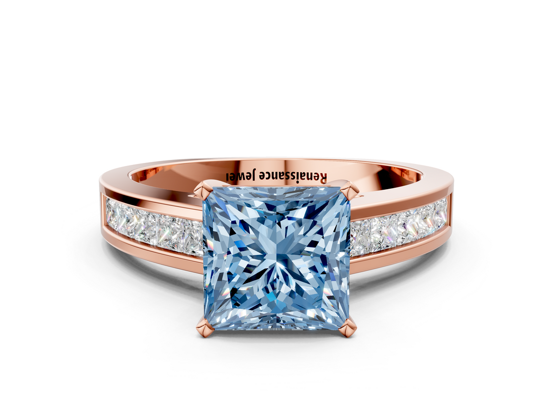 Rose gold Fancy Blue Princess  Solitaire Diamond Ring with Channel-Set Band and Four-Prong Setting_3