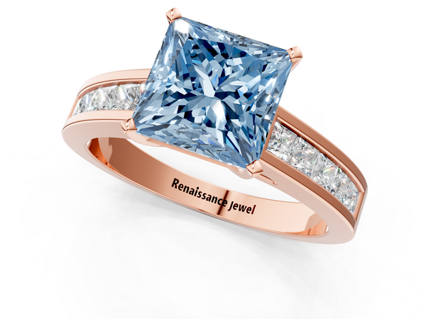 Rose gold Fancy Blue Princess  Solitaire Diamond Ring with Channel-Set Band and Four-Prong Setting
