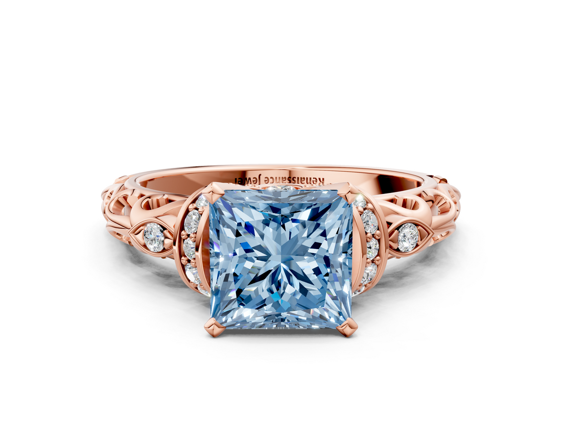 Rose gold Fancy Blue Princess  Solitaire Diamond Ring with Filigree Band and Four-Prong Setting_28