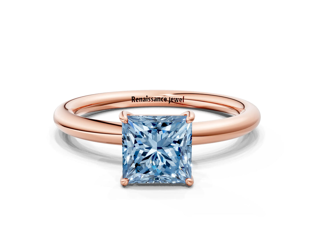 Rose gold Fancy Blue Princess  Solitaire Diamond Ring with Four-Prong Setting on a Plain Band_21