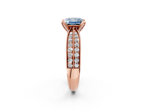 Rose gold Fancy Blue Princess  Solitaire Diamond Ring with Milgrain Pavé Band and Four-Prong Setting
