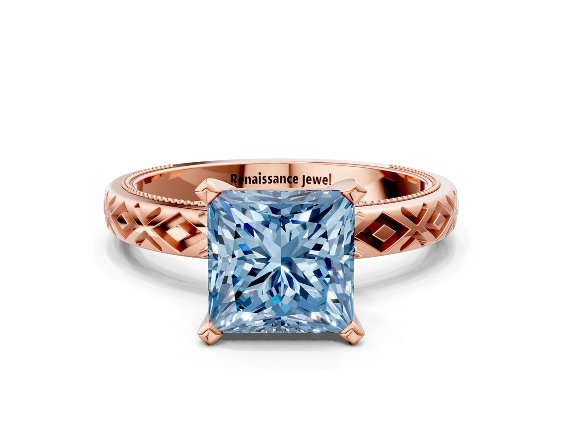 Rose gold Fancy Blue Princess  Solitaire Diamond Ring with Milgrain and Black Enamel X Pattern Band_191
