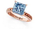 Rose gold Fancy Blue Princess  Solitaire Diamond Ring with Milgrain and Black Enamel X Pattern Band_192