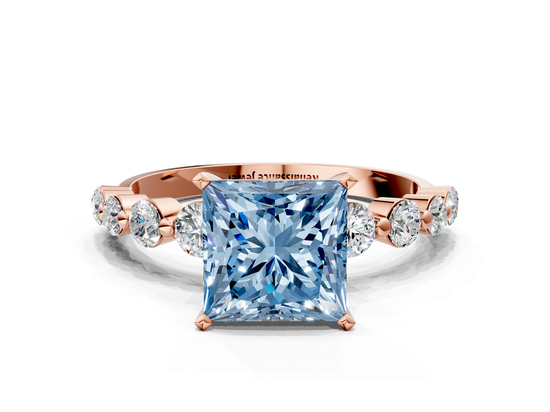 Rose gold Fancy Blue Princess  Solitaire Diamond Ring with Pave Band and Four-Prong Setting_196