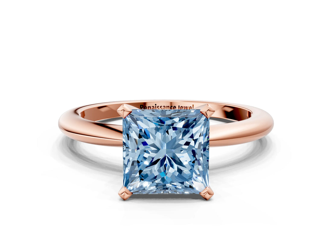 Rose gold Fancy Blue Princess  Solitaire Diamond Ring with Six-Prong Setting on a Classic Band