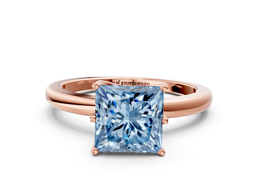 Rose gold Fancy Blue Princess  Solitaire Diamond Ring with Six-Prong Setting on a Classic Band