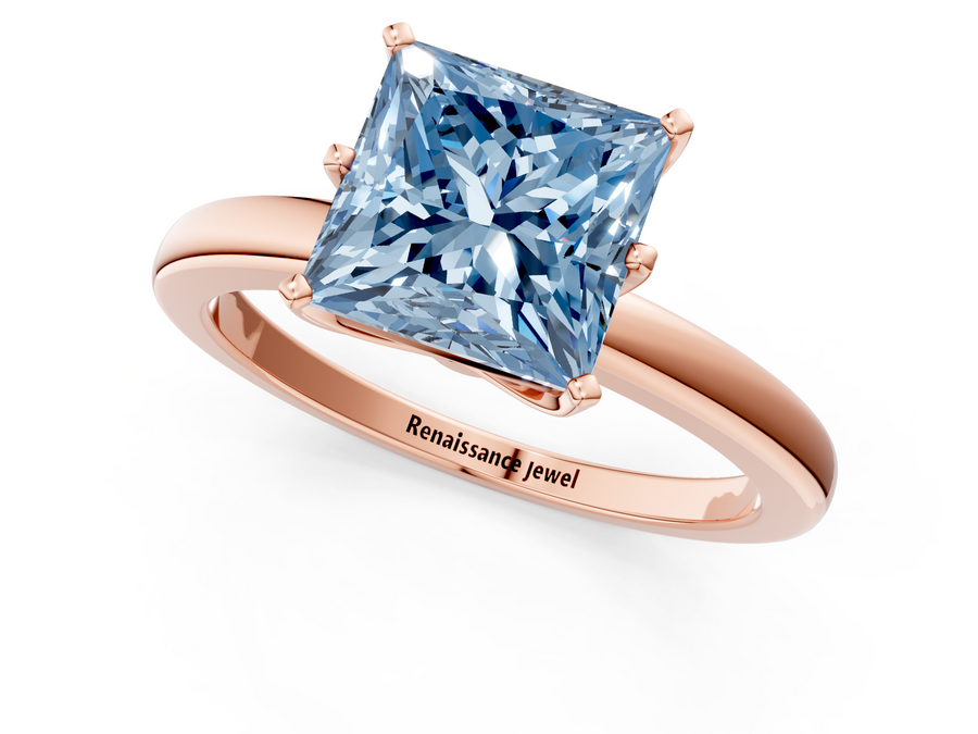 Rose gold Fancy Blue Princess  Solitaire Diamond Ring with Six-Prong Setting on a Classic Band