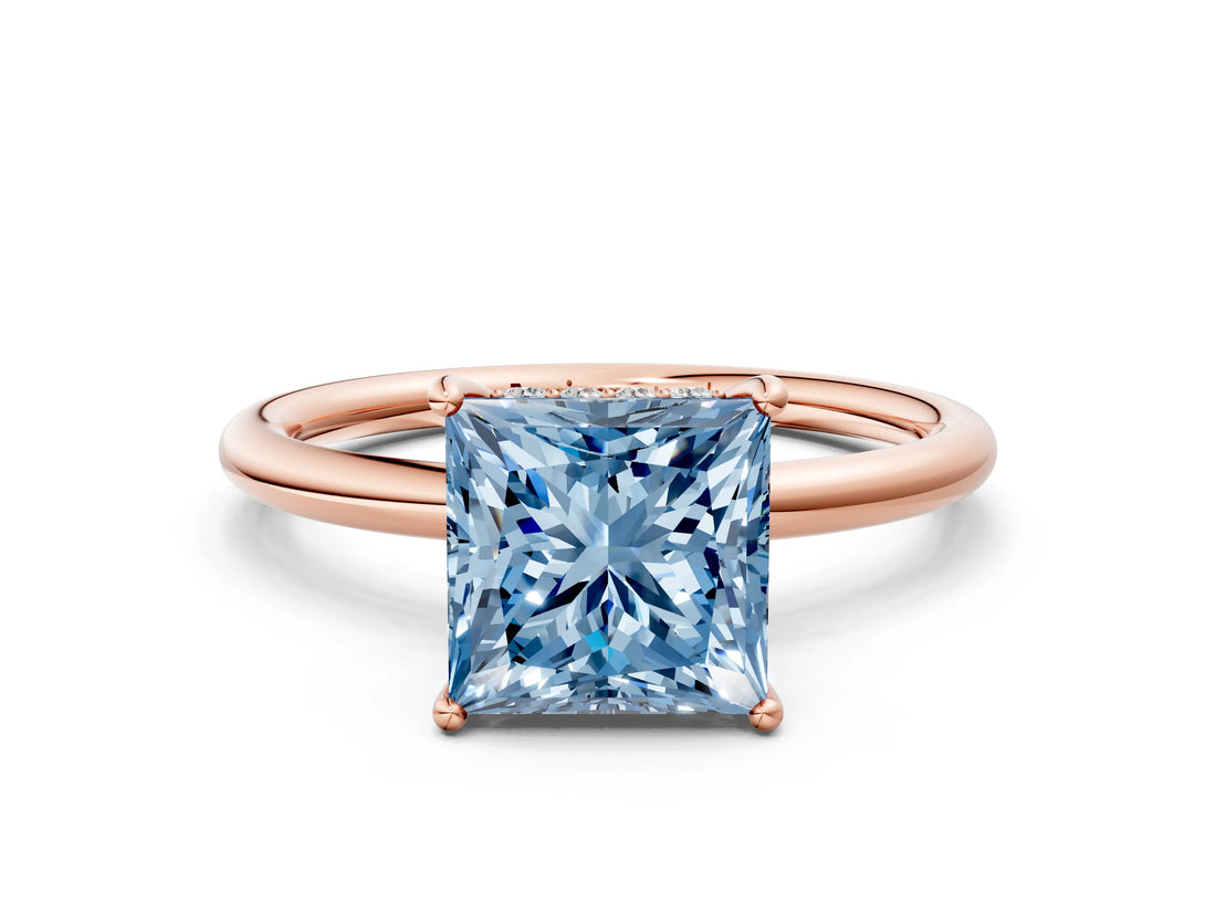 Rose gold Fancy Blue Princess  Solitaire Diamond Ring with a Classic Band and Four-Prong Setting
