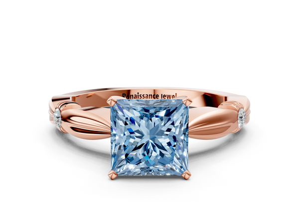 Rose gold Fancy Blue Princess  Solitaire Diamond Twisted Band with Four-Prong Setting