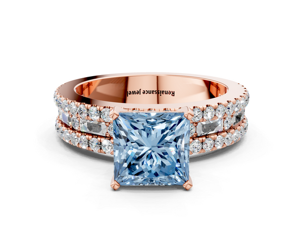 Rose gold Fancy Blue Princess Cut Diamond Solitaire Ring with Pavé and Channel Set Band