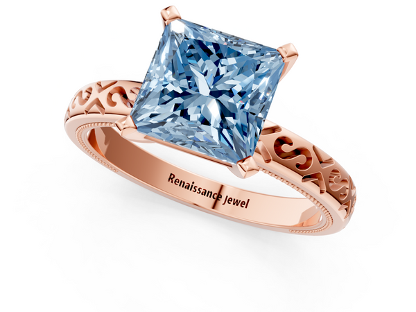 Rose gold Fancy Blue Princess  Solitaire Engagement Ring with Scrollwork Band and Four-Prong Setting