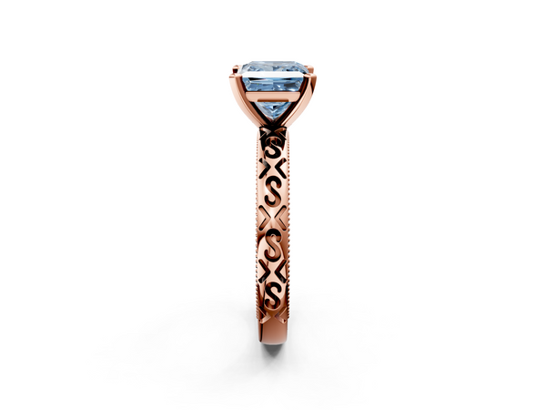 Rose gold Fancy Blue Princess  Solitaire Engagement Ring with Scrollwork Band and Four-Prong Setting