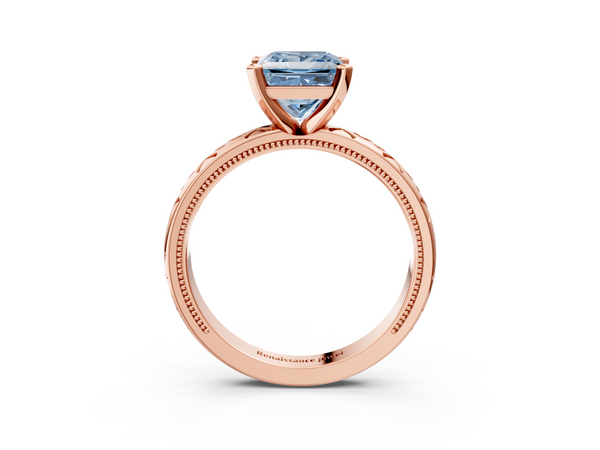 Rose gold Fancy Blue Princess  Solitaire Engagement Ring with Scrollwork Band and Four-Prong Setting