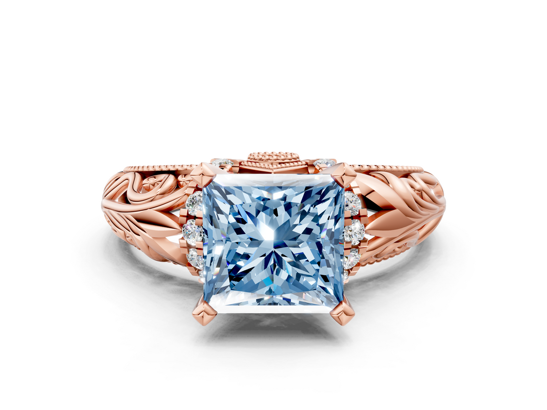 Rose gold Fancy Blue Princess  Solitaire Filigree Engagement Ring with Halo and Prong Setting_49