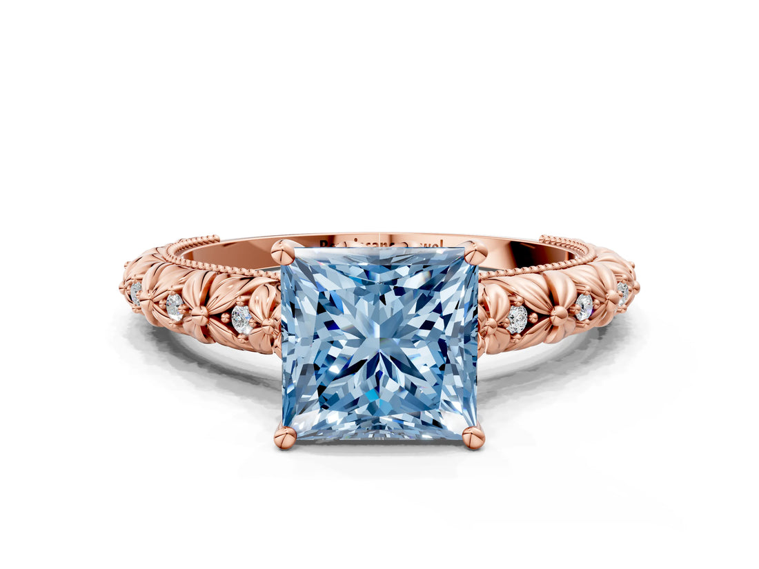 Rose gold Fancy Blue Princess  Solitaire Floral Milgrain Engagement Ring_31