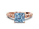 Rose gold Fancy Blue Princess  Solitaire Floral Milgrain Engagement Ring_31