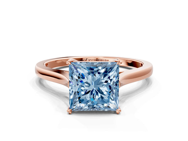 Rose gold Fancy Blue Princess  Solitaire Heart Prong Engagement Ring with Tapered Band